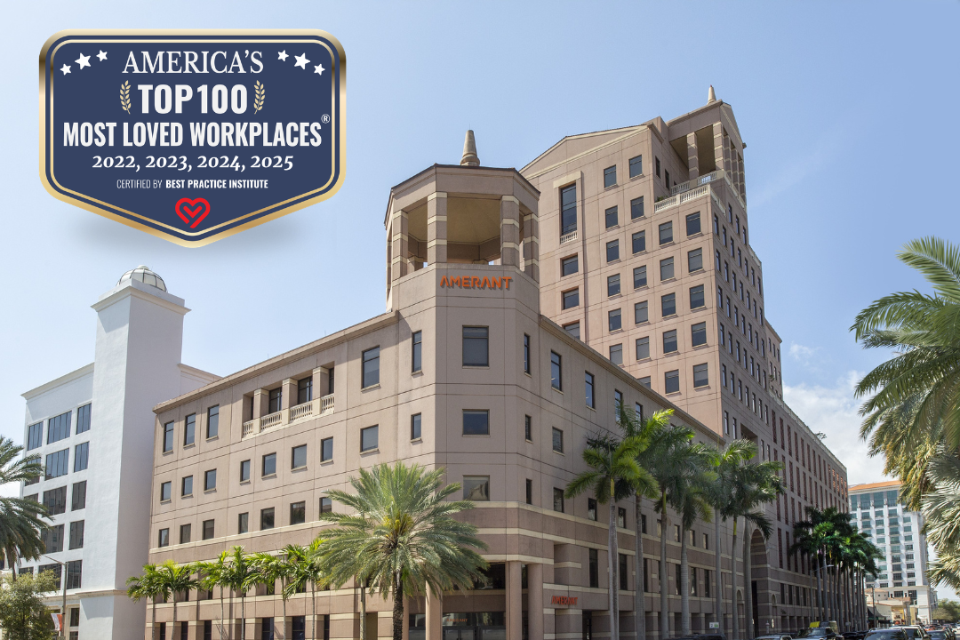 Amerant Bank headquarters building with recognition as one of America's Top 100 Most Loved Workplaces from 2022 through 2025.